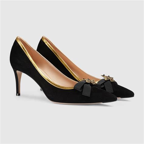 gucci yellow kitten heels|Gucci suede mid heel pump.